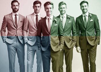 Verschiedene Bräutigame mit Hochzeitsanzügen in verschiedenen Farben