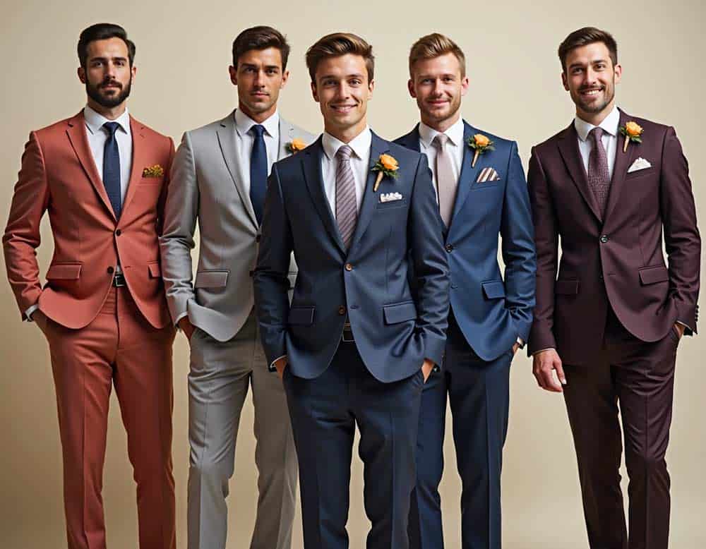 Verschiedene Bräutigame mit Hochzeitsanzügen in verschiedenen Farben