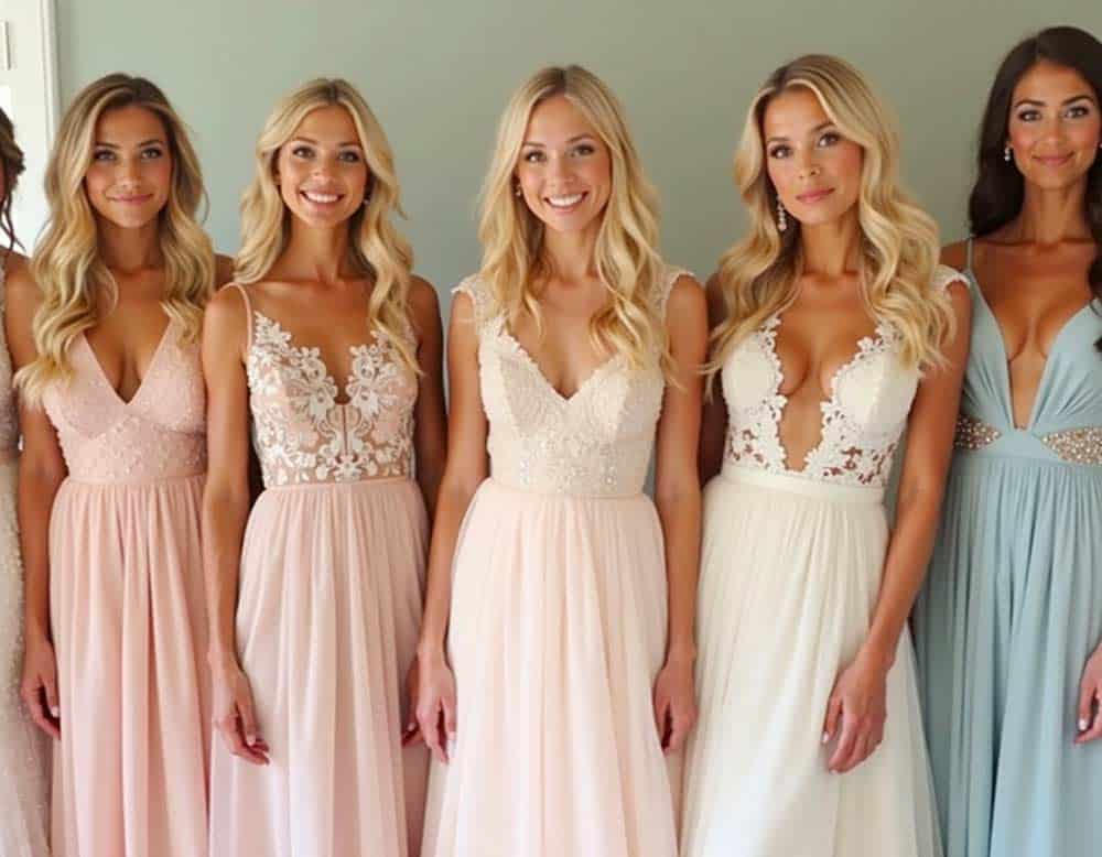 Bräute mit Hochzeitskleidern in verschiedenen Farben