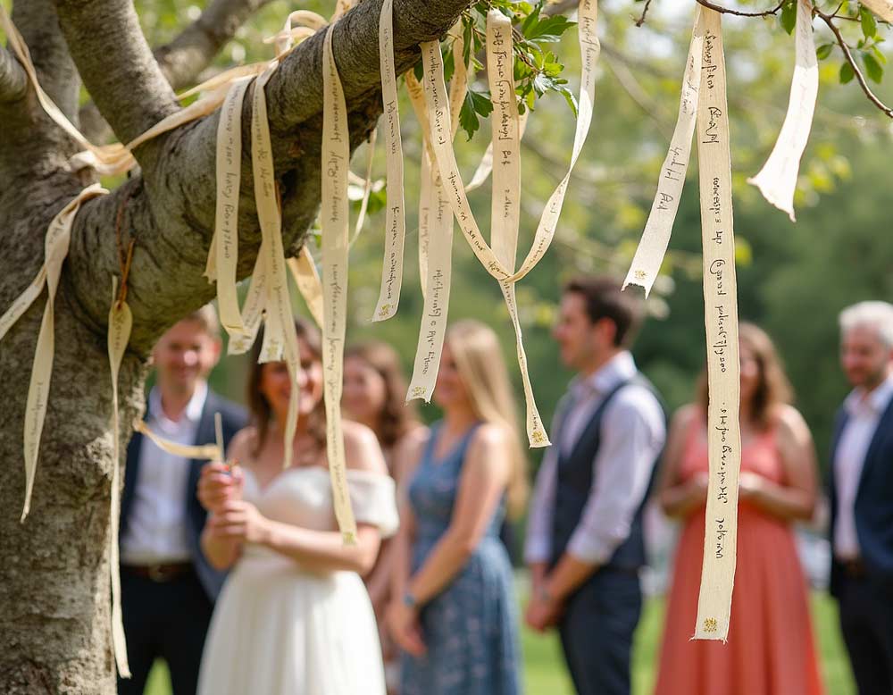 Bänder mit guten Wünschen von den Gästen am Baum