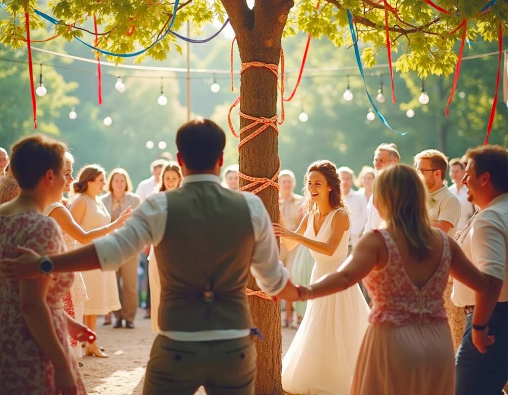 Gäste tanzen um Bänderbaum