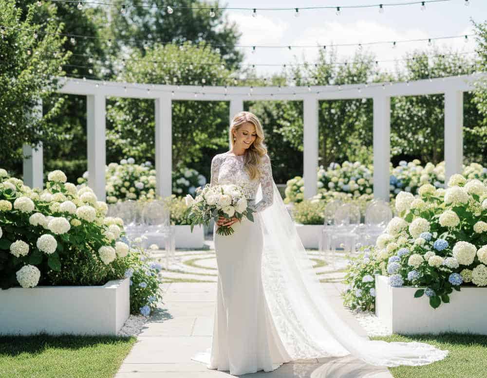 Weißes Hochzeitskleid aus Spitze mit Schleppe für eine Gartenhochzeit Weißes Hochzeitskleid aus Spitze mit Schleppe für eine Gartenhochzeit