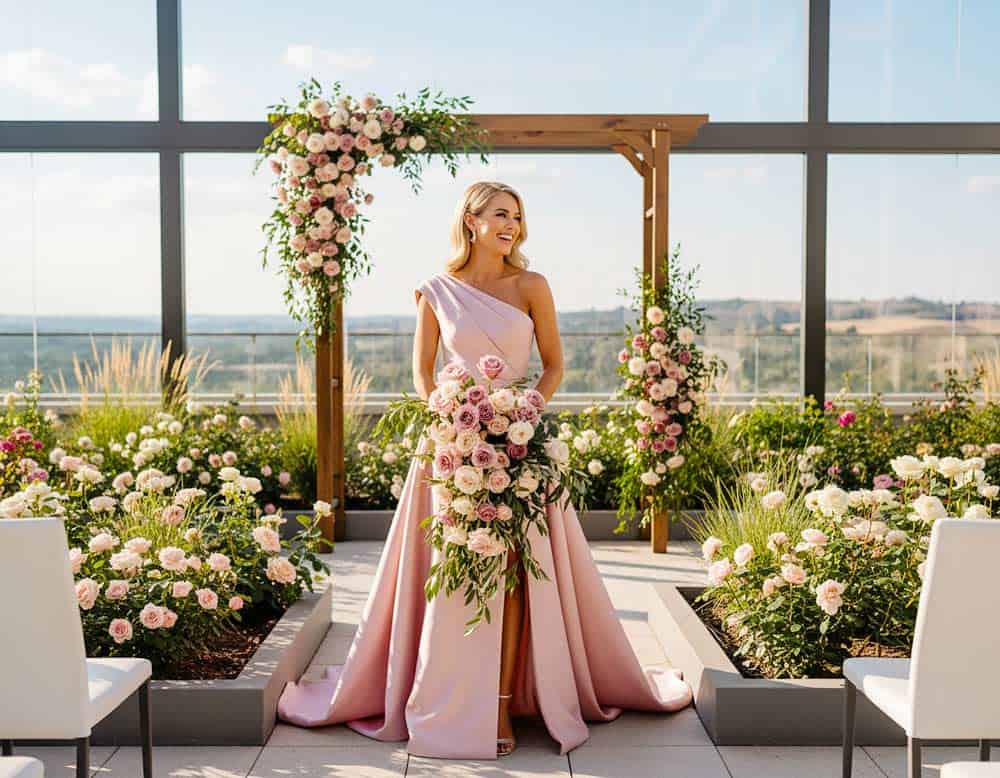 Raffiniertes Brautkleid für eine Sommerhochzeit im Freien Raffiniertes Brautkleid für eine Sommerhochzeit im Freien