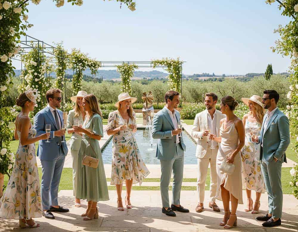 Hochzeitsgesellschaft bei einer modernen Gartenhochzeit Hochzeitsgesellschaft bei einer modernen Gartenhochzeit