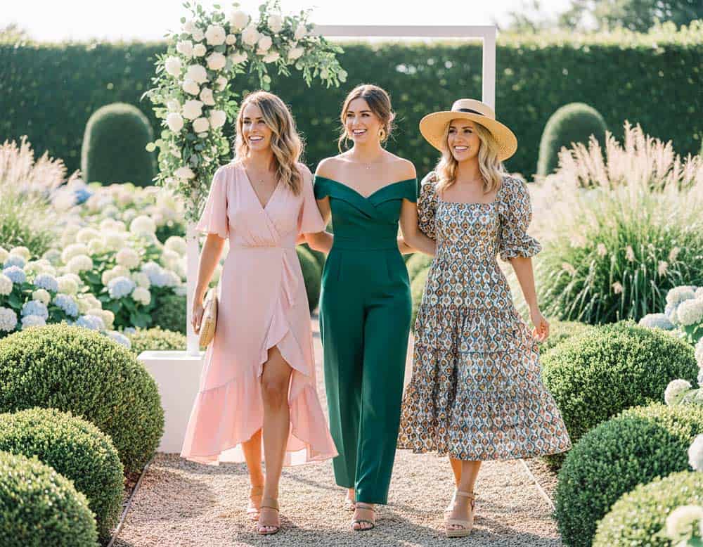 Weibliche Hochzeitsgäste im passenden Kleidungsstil für eine Hochzeit im Garten Weibliche Hochzeitsgäste im passenden Kleidungsstil für eine Hochzeit im Garten