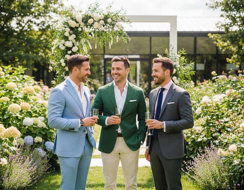 Herren als Hochzeitsgäste im passenden Kleidungsstil für eine Hochzeit im Garten Herren als Hochzeitsgäste im passenden Kleidungsstil für eine Hochzeit im Garten