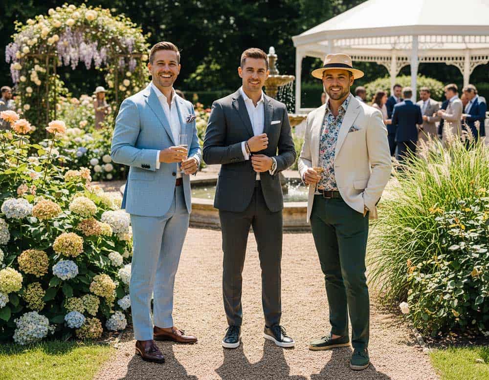 Männer als Hochzeitsgäste im für eine Hochzeit im Garten Männer als Hochzeitsgäste im für eine Hochzeit im Garten