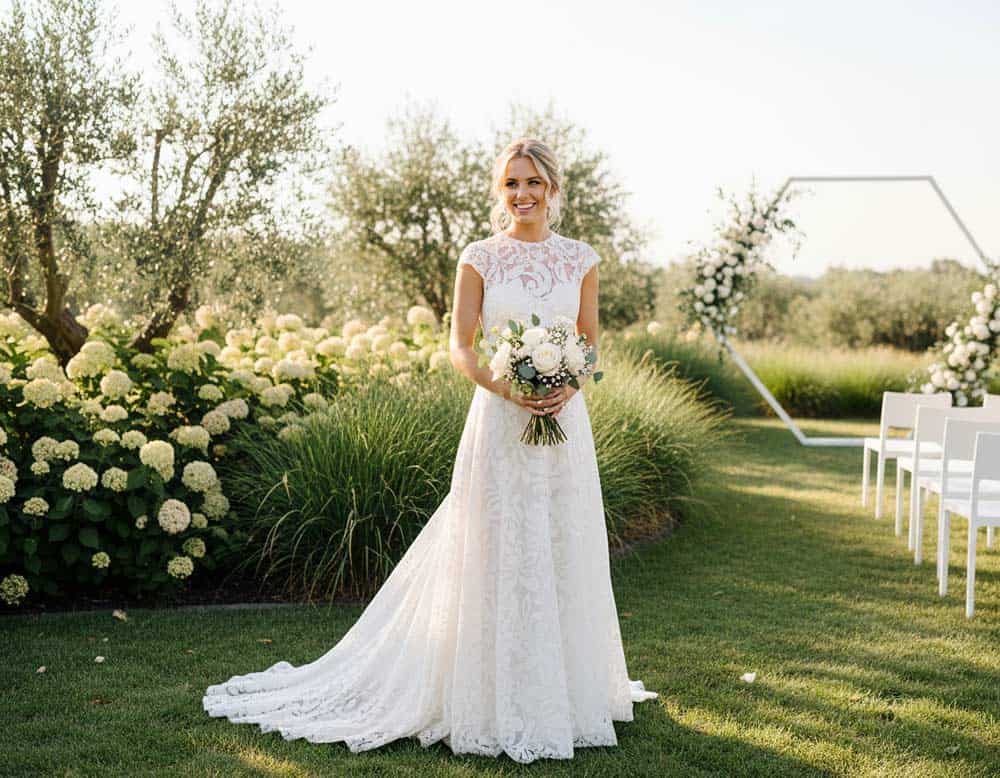 Spitzenhochzeitskleid für eine Hochzeit im Grünen Spitzenhochzeitskleid für eine Hochzeit im Grünen