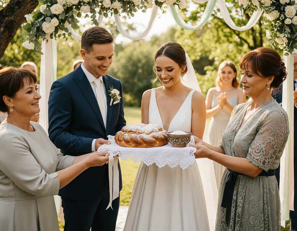 Das Brautpaar erhält Brot und Salz als Geschenk