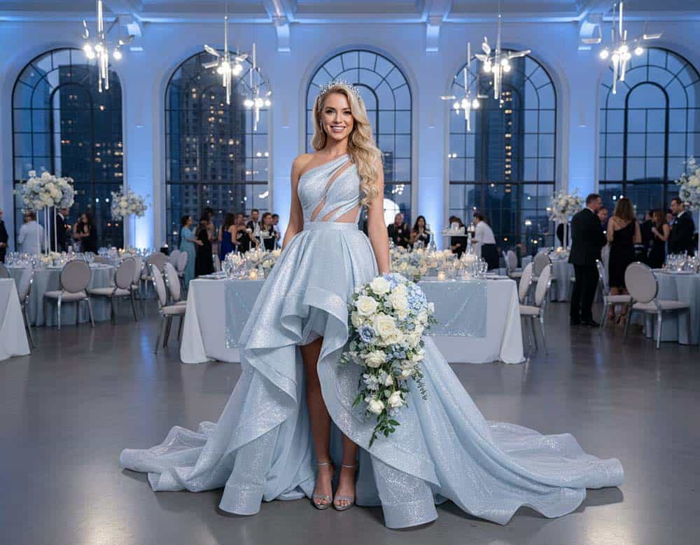 Ein eisblaues Hochzeitskleid für unvergessliche, elegante Hochzeitsfotos