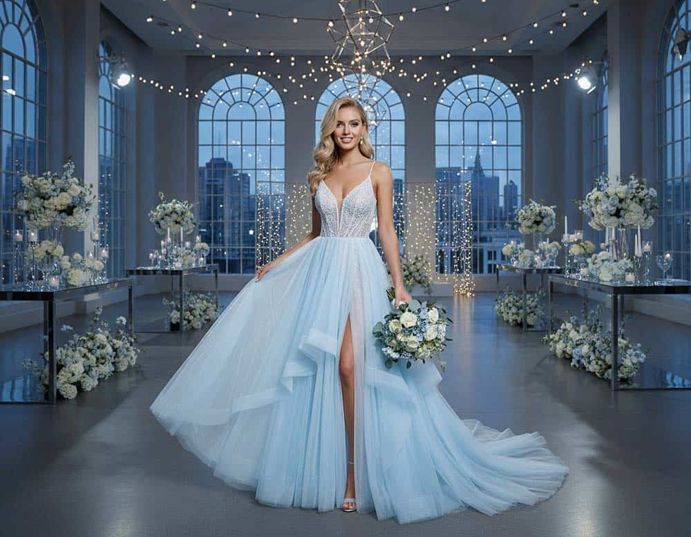 Ein eisblaues Tüll-Hochzeitskleid