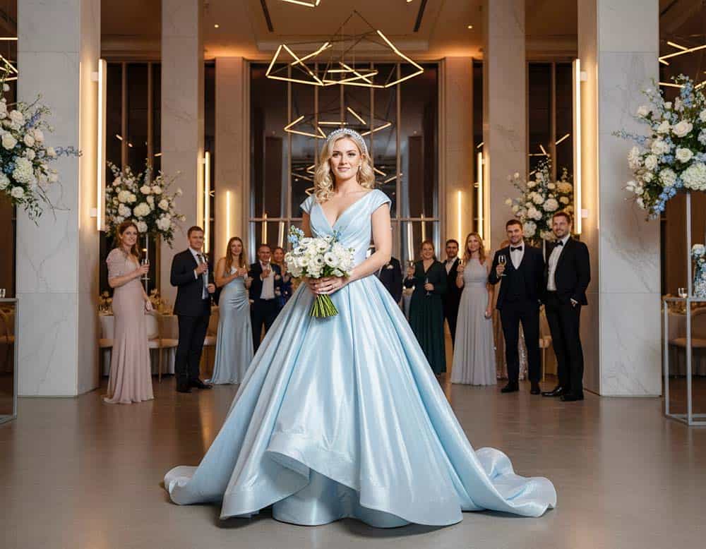 Der stille Zauber eines eisblauen Hochzeitskleids in jeder Lichtstimmung