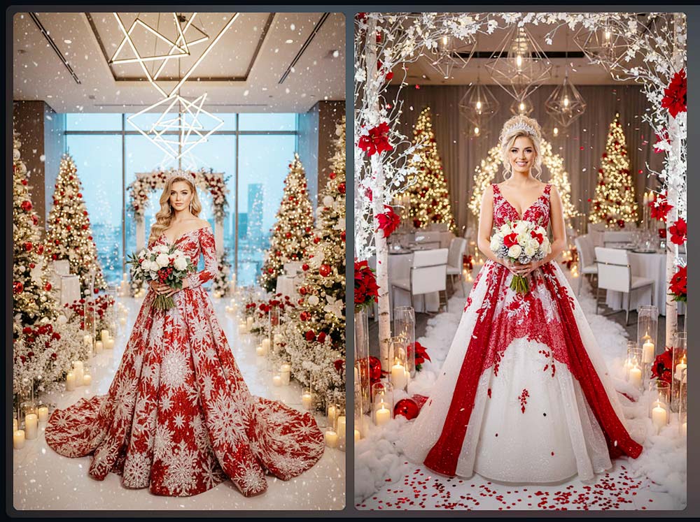 Winterliche Romantik im glitzernden Gown in Rot und Weiß