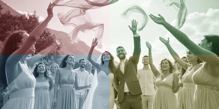 Hochzeitsgäste werfen Seidentücher in die Luft als Hochzeitsbrauch