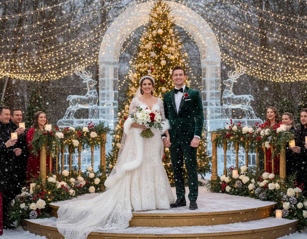 Hochzeitspaar der Weihnachtshochzeit im warmen Lichtermeer Hochzeitspaar der Weihnachtshochzeit im warmen Lichtermeer