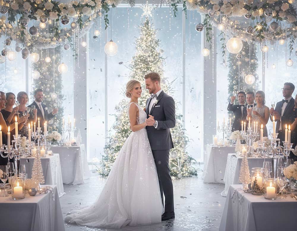 Moderne Weihnachtshochzeit bei der Hochzeitsfeier im Saal