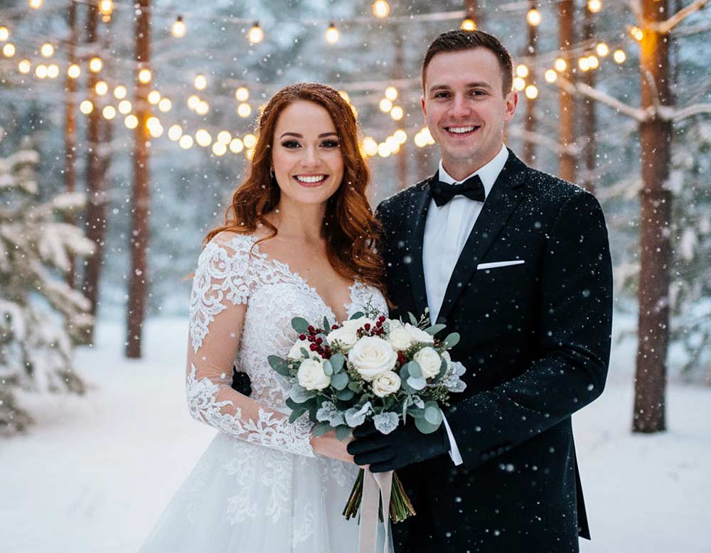 Ein Hochzeitspaar bei einer Winterhochzeit Ein Hochzeitspaar bei einer Winterhochzeit