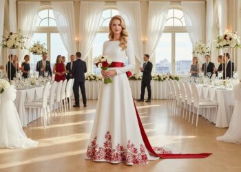 Ein rot-weißes Brautkleid