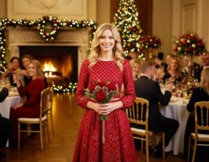 Mehr über den Artikel erfahren Festliches Rotgold-Kleid zur Weihnachtshochzeit