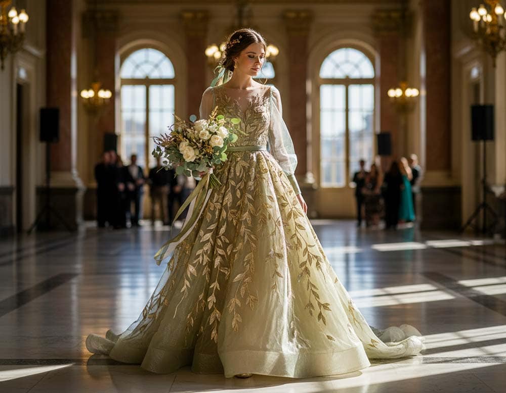 Grün und Gold als festliche Sprache der Brautmode