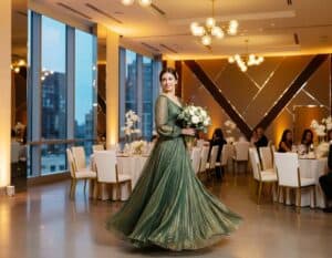 Mehr über den Artikel erfahren Feierliches Grün-Gold-Gown für die Festtagsbraut