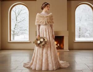 Mehr über den Artikel erfahren Elegantes Winter-Hochzeitskleid in sanftem Rosé-Beige
