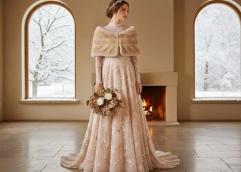 Ein stilvolles Hochzeitskleid in Rosé-Beige für Winterhochzeit