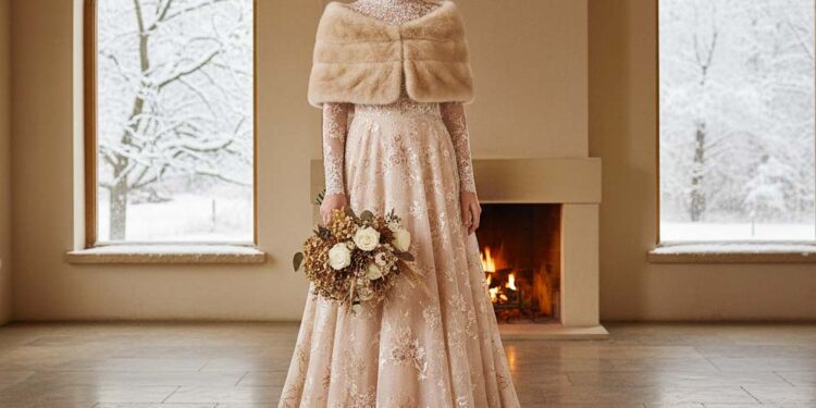 Ein stilvolles Hochzeitskleid in Rosé-Beige für Winterhochzeit