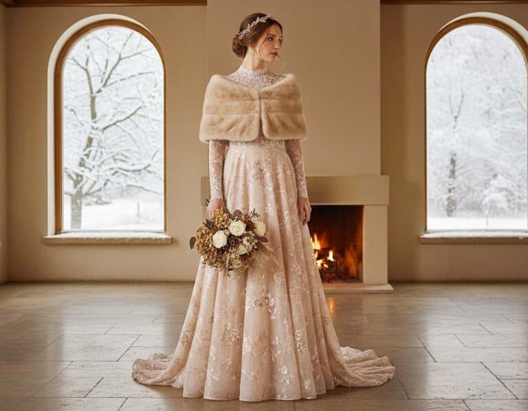Mehr über den Artikel erfahren Elegantes Winter-Hochzeitskleid in sanftem Rosé-Beige