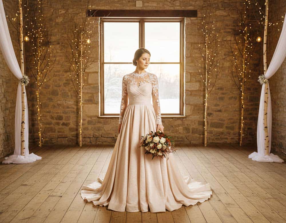 Winterliche Hochzeitsstimmung mit einem eleganten Kleid in Rosé-Beige Winterliche Hochzeitsstimmung mit einem eleganten Kleid in Rosé-Beige