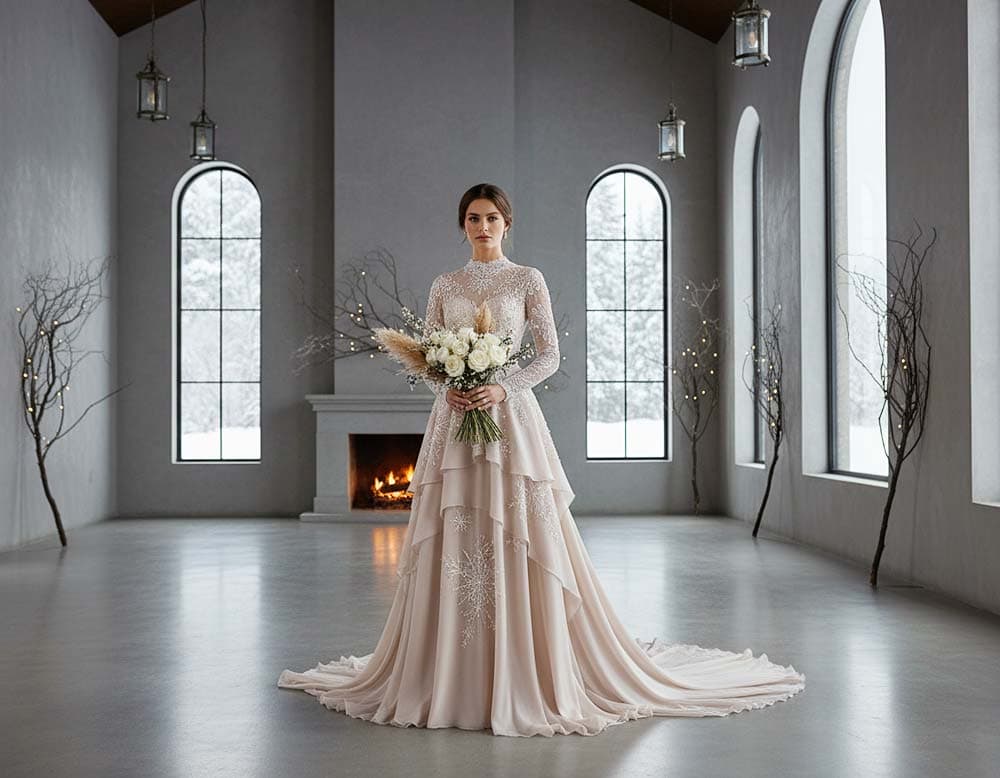 Ein modernes Winter-Hochzeitskleid in sanftem Rosé-Beige Ein modernes Winter-Hochzeitskleid in sanftem Rosé-Beige