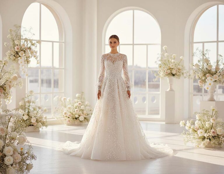 Mehr über den Artikel erfahren Ivory Brautkleid mit Perlen – zeitlose Eleganz mit fühlbarer Tiefe