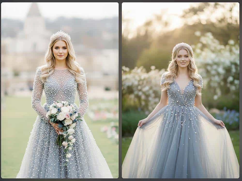 Sanfte Romantik trifft Stil im Grau-Blau Hochzeitskleid mit Perlen Sanfte Romantik trifft Stil im Grau-Blau Hochzeitskleid mit Perlen