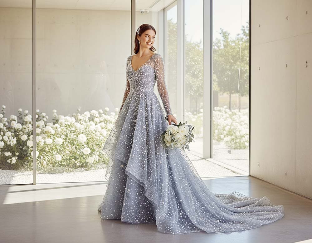 Leise Schönheit im romantischen Grau-Blauen Hochzeitskleid mit Perlen Leise Schönheit im romantischen Grau-Blauen Hochzeitskleid mit Perlen