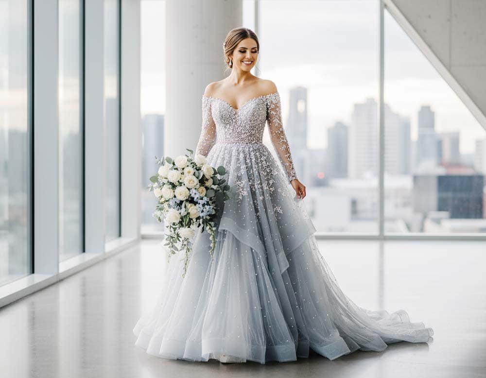 Ein romantisches Kleid mit Tiefe - Grau-Blau Hochzeitskleid mit Perlen Ein romantisches Kleid mit Tiefe - Grau-Blau Hochzeitskleid mit Perlen