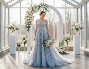 Mehr über den Artikel erfahren Romantisches Grau-Blau Hochzeitskleid mit Perlen