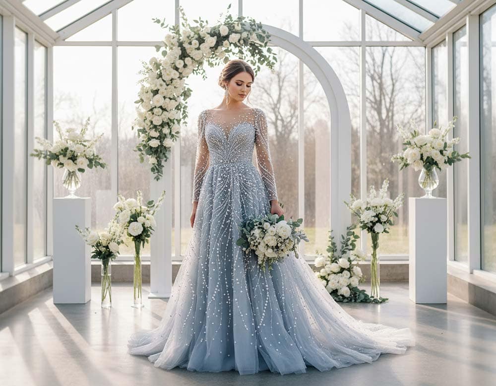 Du betrachtest gerade Romantisches Grau-Blau Hochzeitskleid mit Perlen