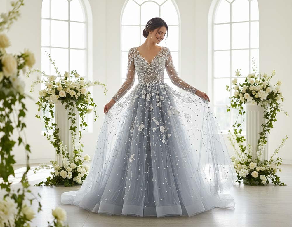 Romantisches Grau-Blau Hochzeitskleid mit Perlen als leise Alternative zu klassischem Weiß Romantisches Grau-Blau Hochzeitskleid mit Perlen als leise Alternative zu klassischem Weiß