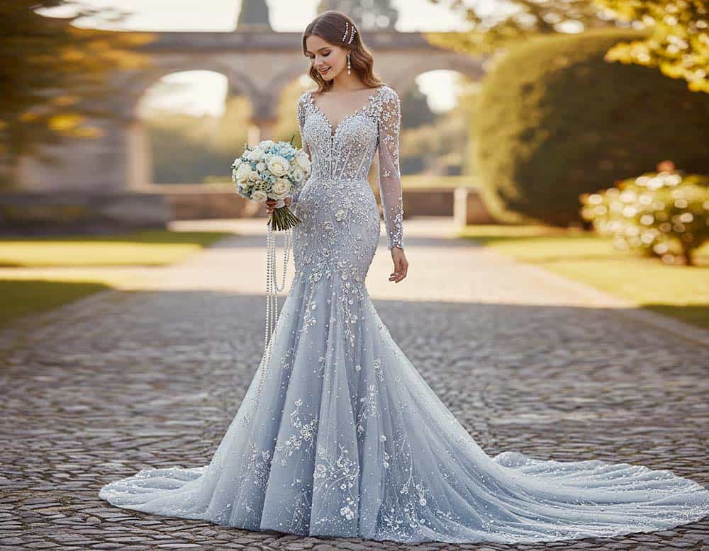 Das eng geschnittene Hochzeitskleid in Grau-Blau mit Perlen für moderne Romantik Das eng geschnittene Hochzeitskleid in Grau-Blau mit Perlen für moderne Romantik