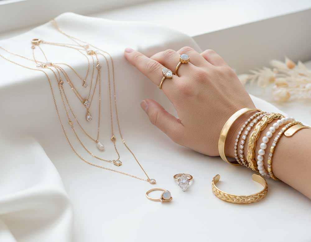 Brautschmuck im angesagten Layering-Stil auch mit Ringe und Armreifen Brautschmuck im angesagten Layering-Stil auch mit Ringe und Armreifen
