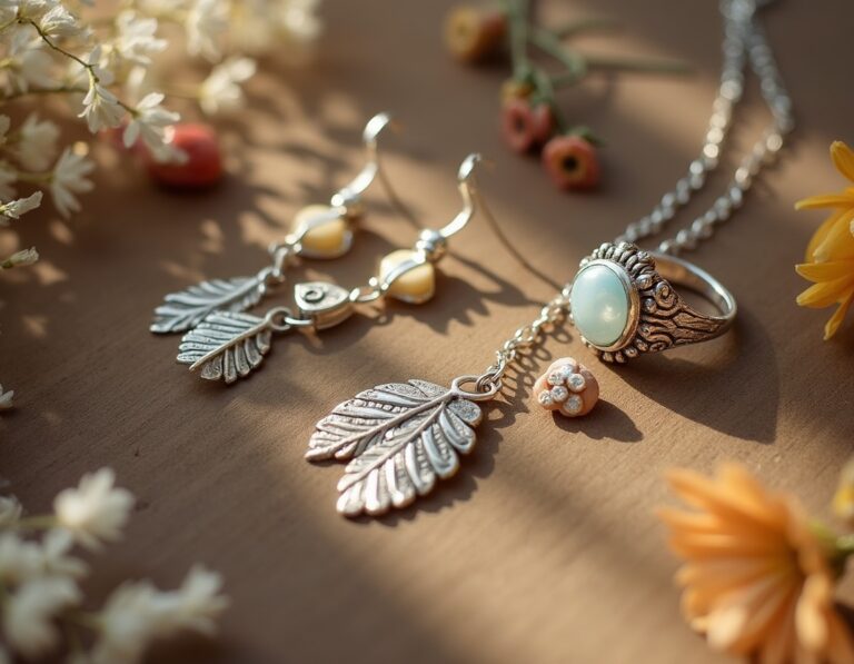 Mehr über den Artikel erfahren Hochzeitschmuck im Boho-Stil – Brautschmuck mit Blüten, Blättern und Natursteinen