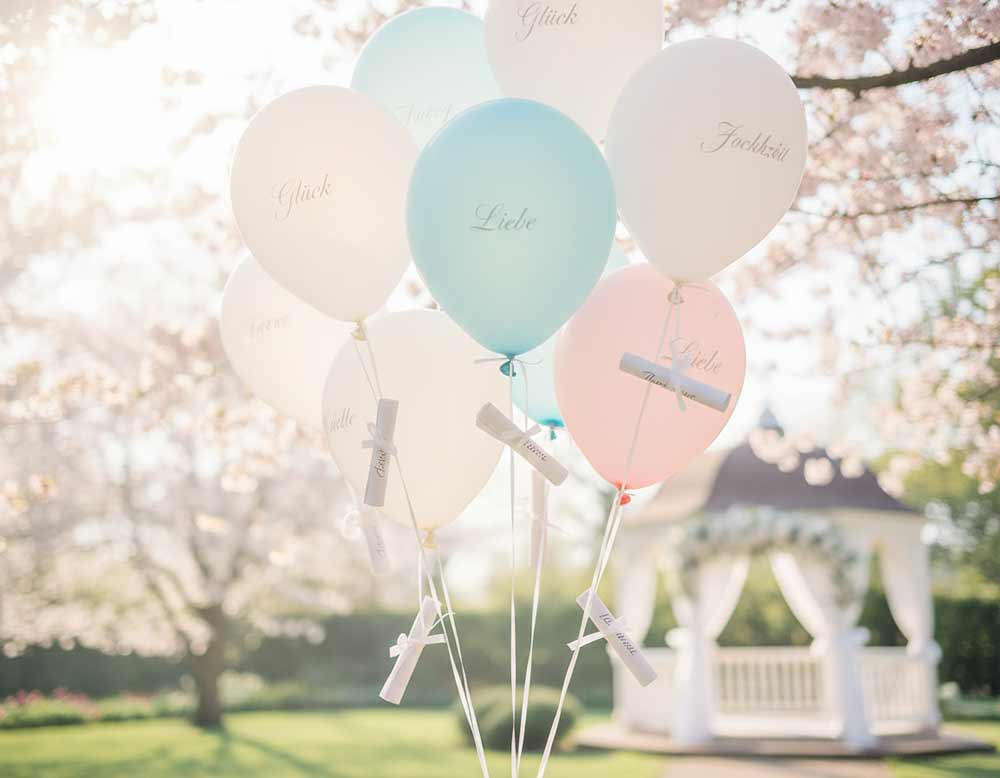 Luftballons mit Zettel mit guten Wünschen für die Hochzeit dran Luftballons mit Zettel mit guten Wünschen für die Hochzeit dran