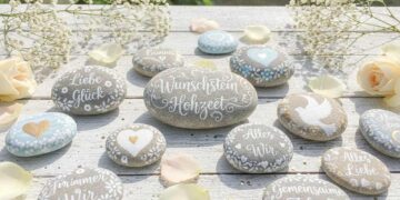 Bemalte Wunschsteine mit Liebesbotschaften und Herzen zur Hochzeit
