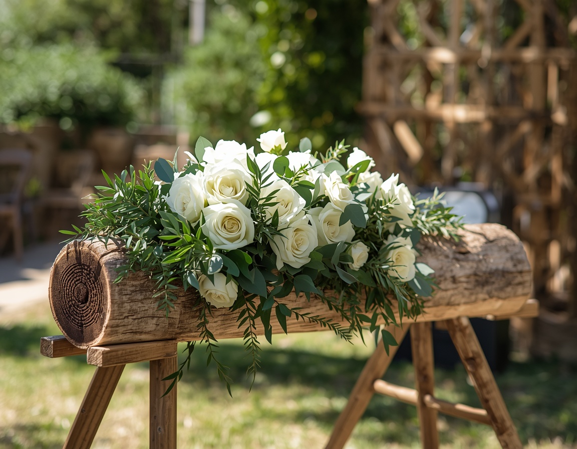 Baumstamm auf dekoriertem Sägebock mit weißen Blumen für die Hochzeitszeremonie