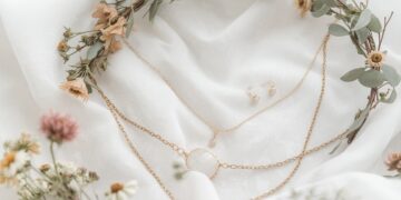 Boho Brautschmuck Flat-Lay mit Blütenkrone, zarten Goldketten und Mondstein-Anhänger