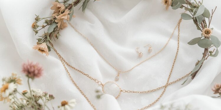 Boho Brautschmuck Flat-Lay mit Blütenkrone, zarten Goldketten und Mondstein-Anhänger