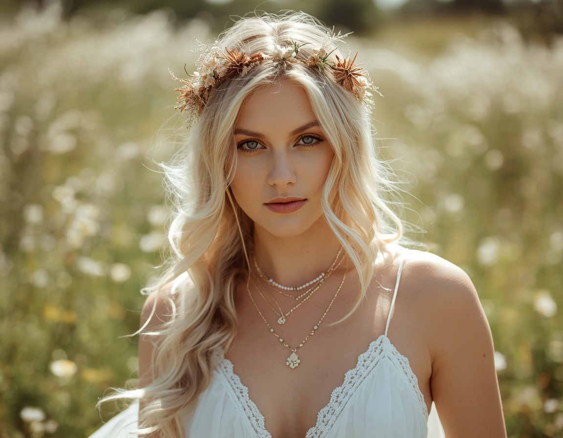 Blonde Braut mit Boho-Blütenkrone und zarten Goldketten auf einer sonnigen Wildblumenwiese