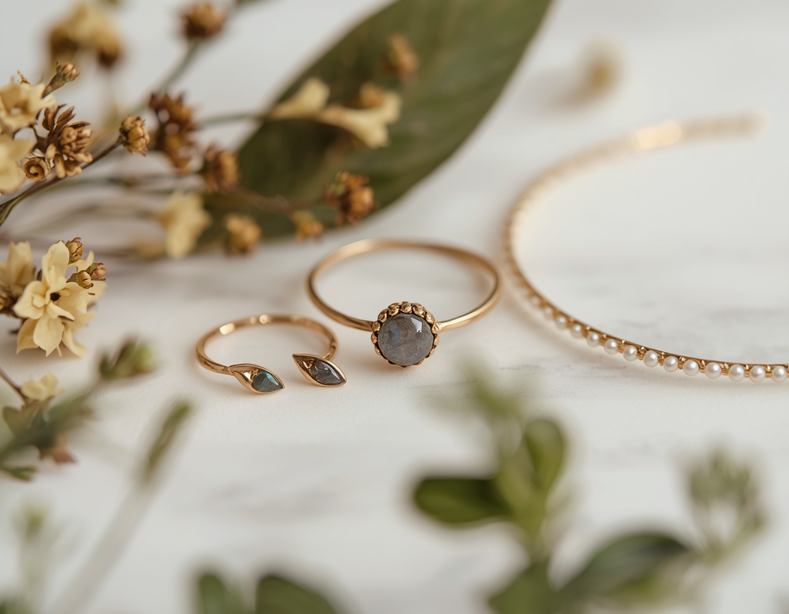 Boho Brautschmuck Details – Ring mit Labradorit, Blattohrringe und Perlenarmband