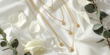 Brautschmuck Layering Flat-Lay mit drei Goldketten verschiedener Längen auf weißem Satin