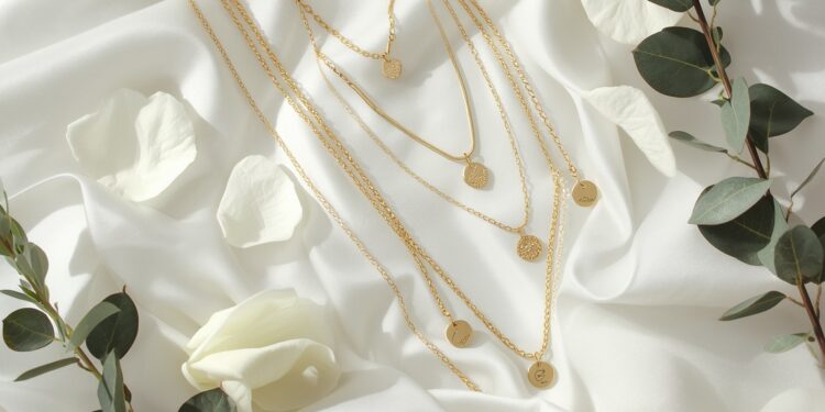 Brautschmuck Layering Flat-Lay mit drei Goldketten verschiedener Längen auf weißem Satin